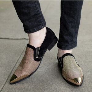 Parrazo Black Velvet & Gold Rhinestone Smoking Loafers With Gold Tip